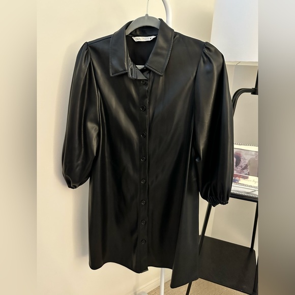 SOLD: Zara Puffed Shoulder Leather Dress - Picture 1 of 6
